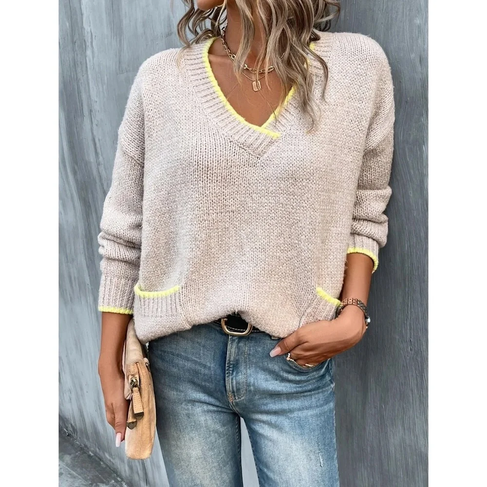 V-Neck Beige Pullover Knit Sweater Yellow Contrast Trim - Picture 4 of 12